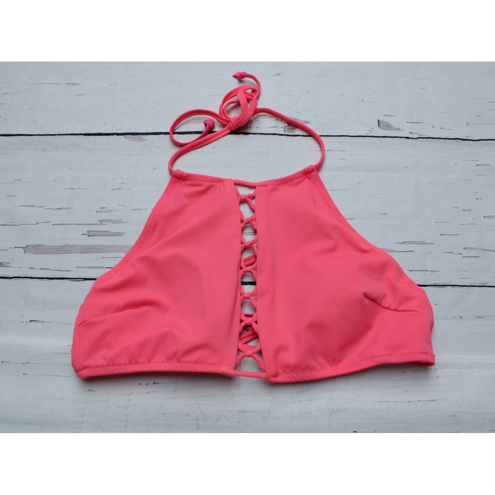 Victoria's Secret PINK High Neck Lace Up Bikini Top Neon Pink Medium M (A-C)